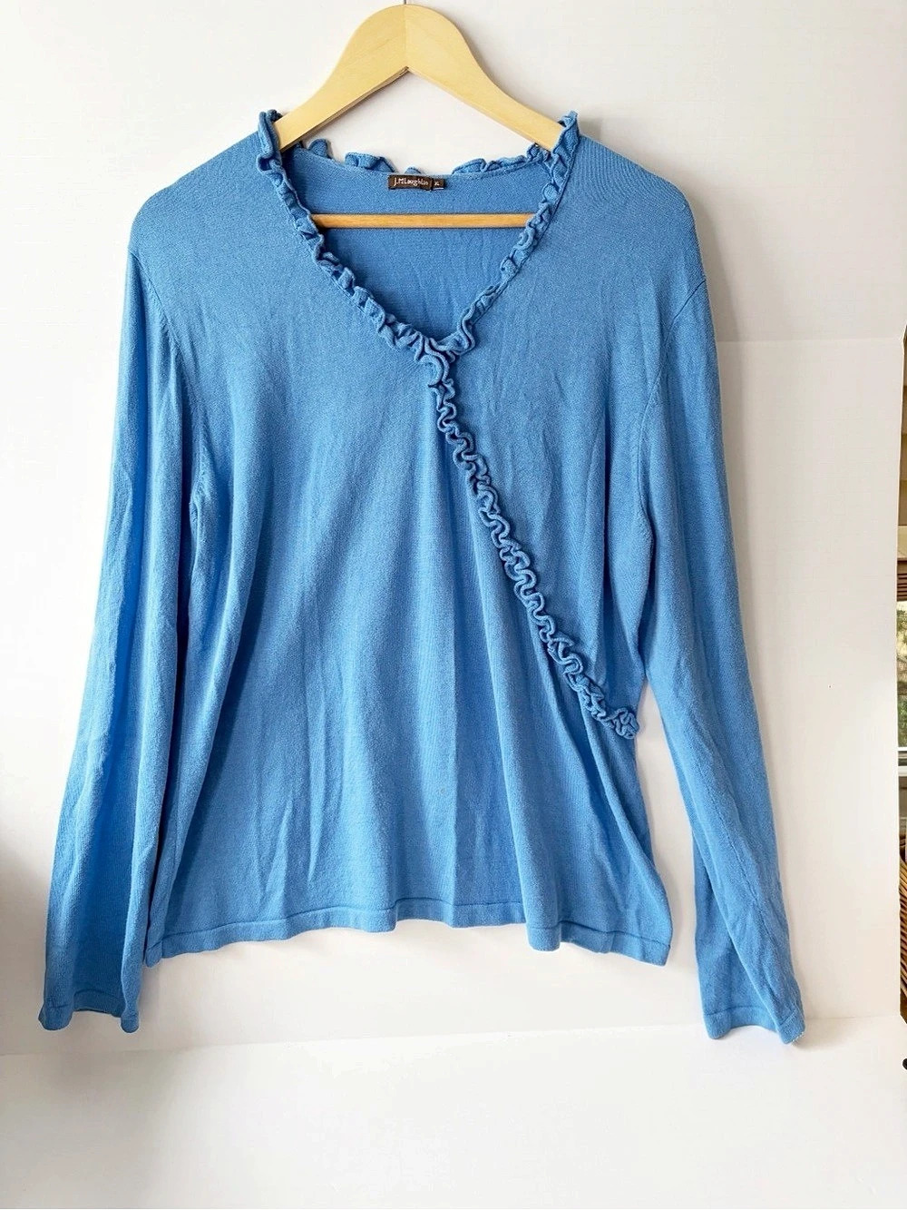 J McLaughlin Blue Ruffle Front Wrap Sweater Size XL Feminine Knit Top